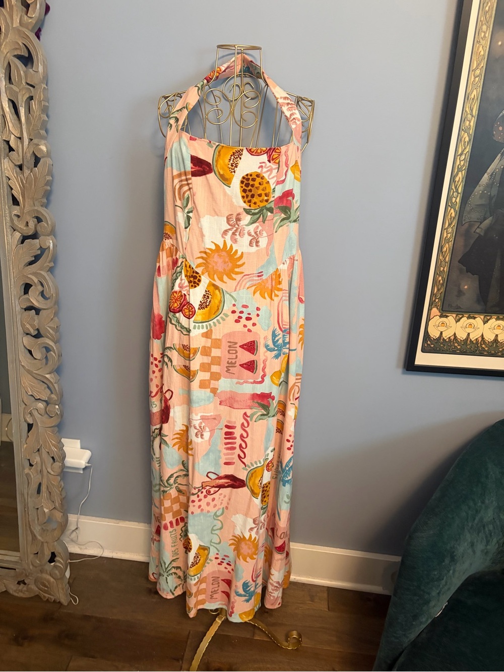 Sleeveless Pink Tropical Print Halter Maxi Dress